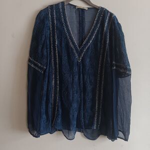 Alice & Olivia blue sheer lace peasant long sleeve blouse top beach vacation